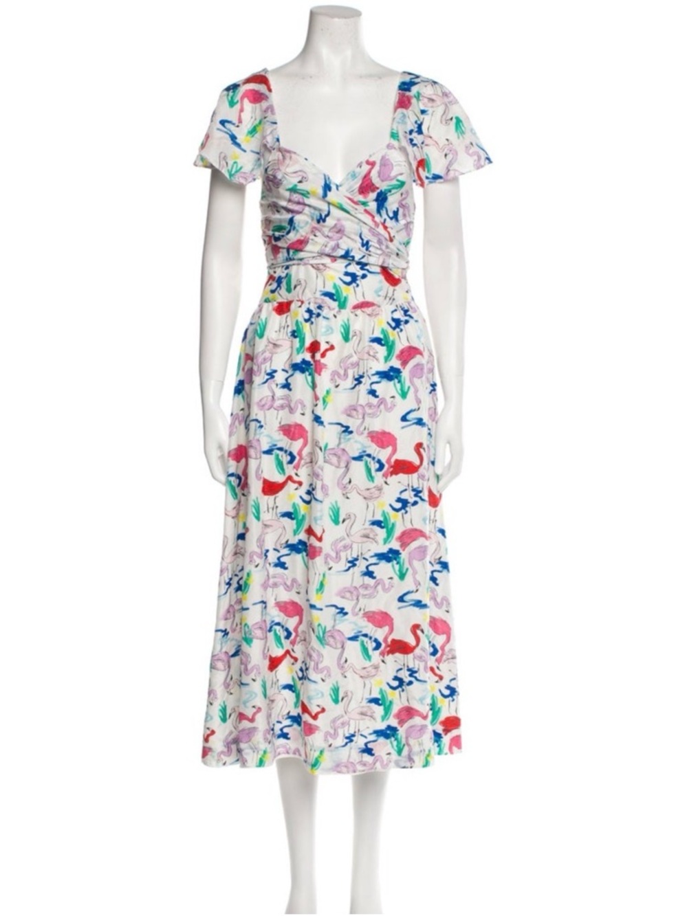 TANYA TAYLOR Flamingo Print Teigan Dress‎ White Multicolor size 4 / small